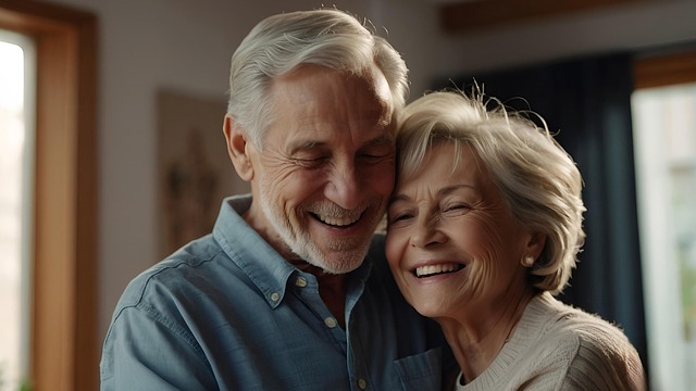 Smiling seniors holding hands on a couch
