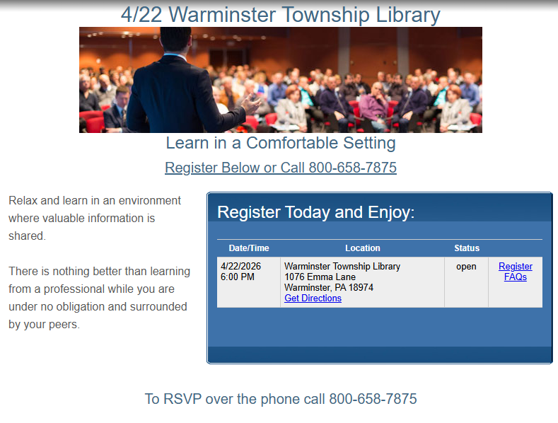 Pinnacle Retirement Group workshop flyer - Warminster Township Library